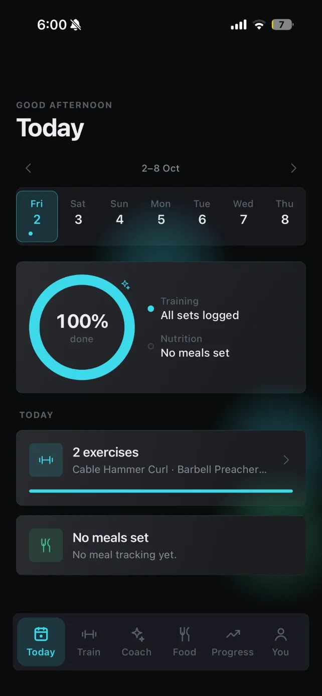 Today screen with completion rings for training and nutrition