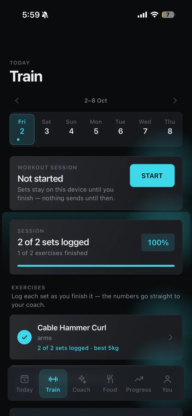 Workout screen with logged sets and an exercise demo